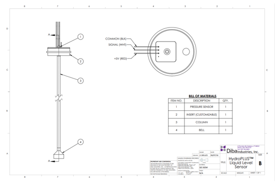 HydroPlus™ Liquid Pressure Level Sensor - Drawing